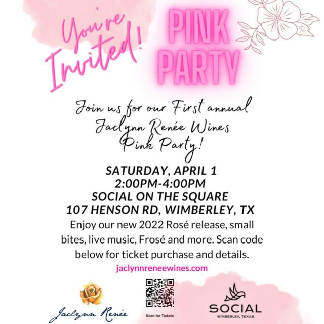 Hey Y’all! Rosé is back and we are celebrating by throwing a Fabulous Pink Party on April 1 at one of our Fav spots @socialonthesquare !!
Can’t wait to see you there, and don’t forget to wear PINK!
Get tickets at link in bio… ✌🏼💗🍷

#jaclynnreneewines #rosé #pinkparty #wearpink #drinkpink #roséallday #rose #wine #womeninwine #supportlocal #supportsmallbusiness #cheers #socialonthesquare #wimberley #wimberleytx #txhcwine #texashillcountry